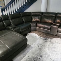 Grey Full Leather Reclining Sectional