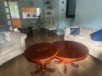 Pair of Round Wood Inlay Coffee Tables