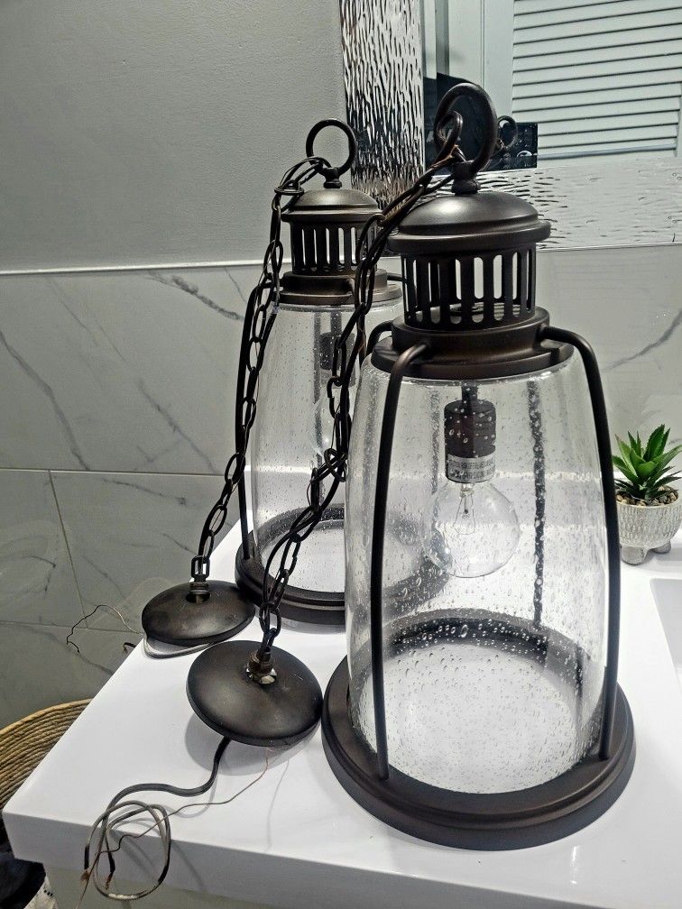 Pendant lights with seeded glass approximately 19" tall , in Very Nice Conditions for indoor or outdoor use , Set Of 3 $90