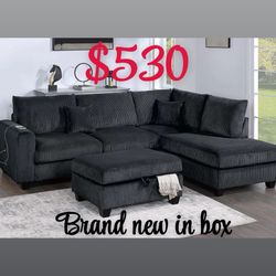 3-Piece Sectional Set RAF Chaise + LAF Sofa W/ USB Port + Storage Ottoman  /pick up in Moreno Valley