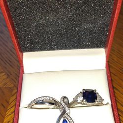 Wedding Ring Set: Silver & Sapphire With Pendant 