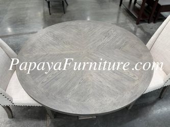 5 Piece Premium Dining Set Round Table Gray Weathered Chair Ashley Jerome Mathis RH Restoration Hardware Style Solid Wood BIG Furniture Clearance SALE