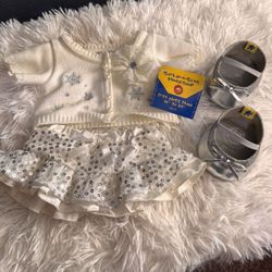 Build-A-Bear Workshop Holiday Cream Sweater Tulle Sequined Skirt & shoes NWT