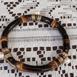 Beautiful Bamboo Bangle Black And Gold With Gold Tone Wire Wrappings