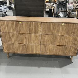 M-(Minor damage)(2 different handles) Fluted 6 Drawer Dresser for Bedroom, 55" Wide Wooden Chest of Drawers with Rounded Corners, Gold Handles, Modern