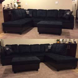 Black Microfiber Sectional Couch And Ottoman 