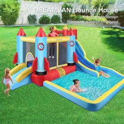 DREAMVAN Kids Bounce House with Blower Inflatable Bounce Houses Double Slide Climbing Wall and Ball Pit/Pool Splash Big Bouncy House Bouncing Rocket J