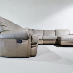 Large Curved Modular Leather Sectional Sofa with Chaise — 7 Pieces