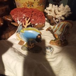 Andrea Sadek Porcelain Hand Painted Fish 2 Real Corals On Hand Curved Drift Wood And Small Trinket  Box