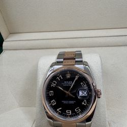 New Style, Rolex Datejust 116201, 18k Rose Gold Bezel & Rose Gold OysterSteel Bracelet, Black Dial, Watch & Box Only