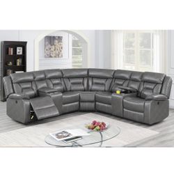 Gel Leatherette Grey With Brown Power Recliner Sectional With 2 Center Consoles And USB Ports Brand New In Box Firm Price $1,250