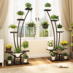 Tribesigns 6-Tier Plant Stand Pack of 2, Metal Curved Display Shelf with 2 Hanging Hooks Brand new still in the box (165)