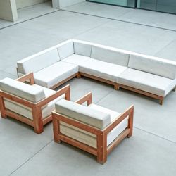 New 144x92” solid teak outdoor L shaped sectional, 2 teak club chairs with SUNBRELLA outdoor cushions
