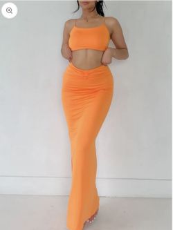 Orange Maxi Skirt And Crop Top Set