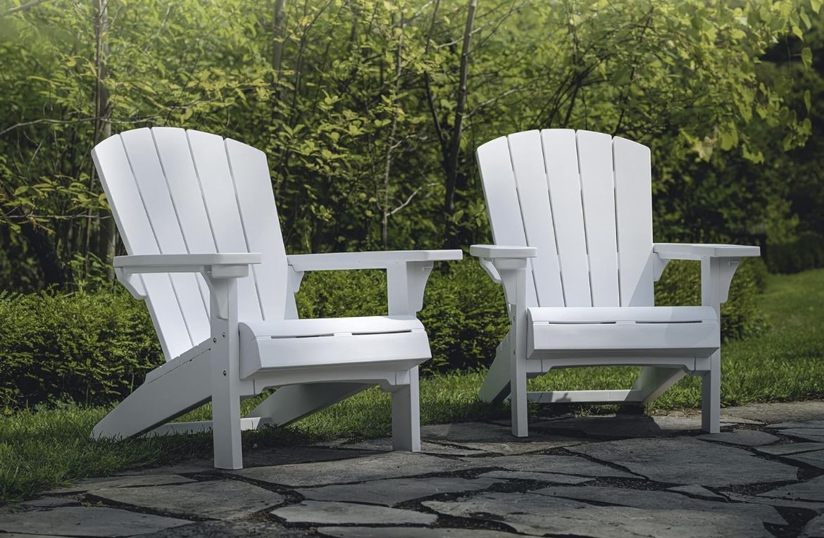 B-124 Keter Alpine Adirondack 2 Pack Resin Outdoor Furniture Patio Chairs with Cup Holder