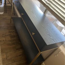 Gold and black Console Table with Drawers, Hallway Wall Table with Storage Shelves