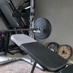 Workout Bench with Squat Rack, Leg Extension, Preacher Curl, and Weight Storage,