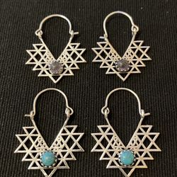 Silver Sri Yantra Earrings with turquoise or amethyst gemstone
