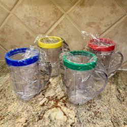 New 4 PCs Magic Bullet Mugs With Handle And Color Lip Rings, These Are Brand New And Fit The Magic Bullet Blender (Blender Not Included, Just Mugs)