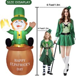 6 Ft St. Patrick's Day Inflatable Leprechaun with LED Lights, Cute Lucky Blow Up Indoor Outdoor Yard Lawn Decoration