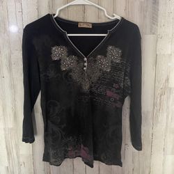Vintage black top with floral, sequin and print details 