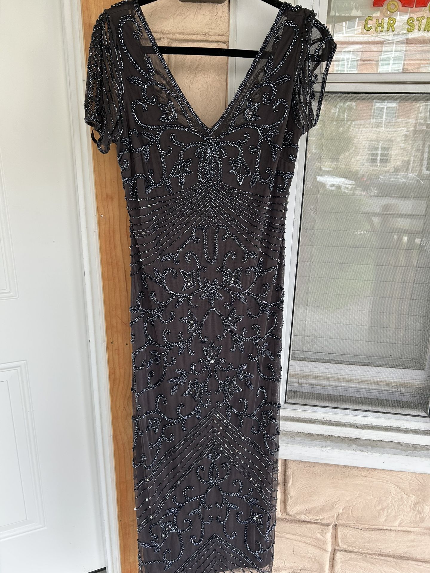 OBO! PISARRO NIGHTS Beaded Mesh Column Gown SIZE 10