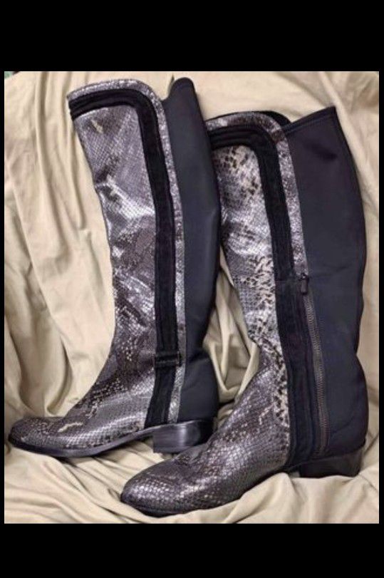 New Women's Genuine Leather Donald J Pliner Faux Gray Snake Skin Boots, Zipper/Soft Stretch, 8M