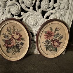 Pair Of Vintage Needlepoint Florals