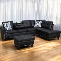 Faux Leather L-Shaped Sectional Sofa with Storage Ottoman