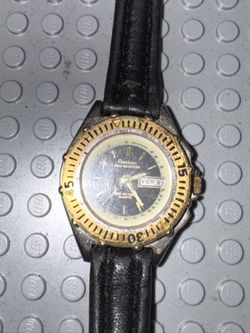 Armitron Quartz Watch Black Leather Strap Gold Bezel Day/Date