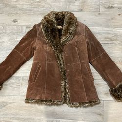 Wilson's Leather Medium Penny Lane Suede Leather Long Coat Faux Fur Trim BOHO
