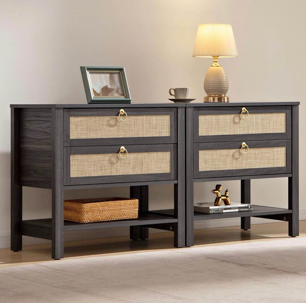 Set of 2, Large Nightstand with Drawers and Storage Shelf - Rattan Boho Bedside Table Narrow Side Ta