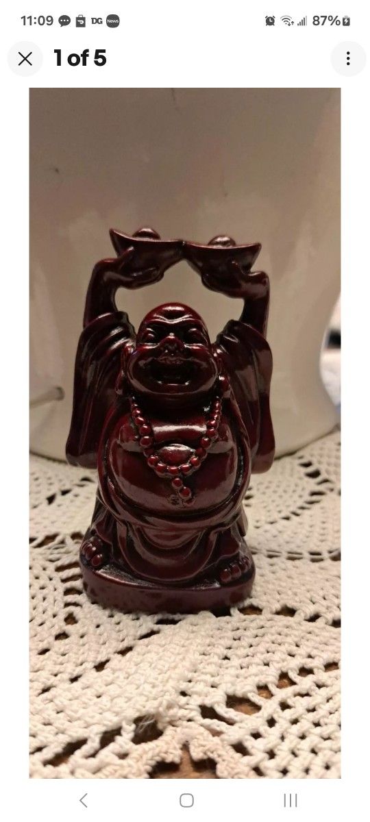 Vintage Red Resin Buddha Holding Ingots Above Head 4"
