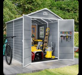 Lofka 8-ft x 6-ft Outdoor Plastic Resin Storage Shed with Floor Included - Gable Roof All Weather Waterproof R...