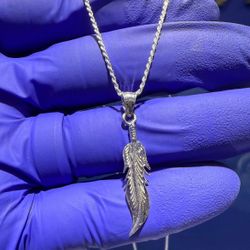 Italy 925 Solid Sterling Silver Feather Pendant1.25" Necklace Rope Chain 1mm 18" 3.6 grams