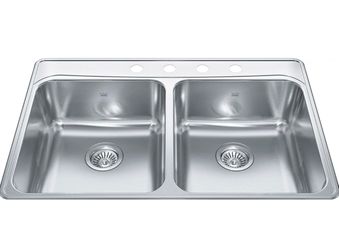 Kindred Creemore 33-in LR x 22-in FB x 8-in DP Drop In Double Bowl 4-Hole Stainless Steel Kitchen Sink