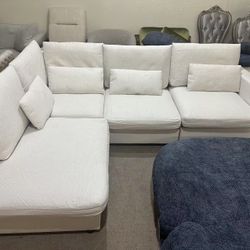 100.2" L-Shaped Sofa Set with Movable Ottoman, 5 Cushions and 4 Lumbar Pillows, Plastic Legs, Convertible Sofa Linen Sofa, Comfortable Combination Cou