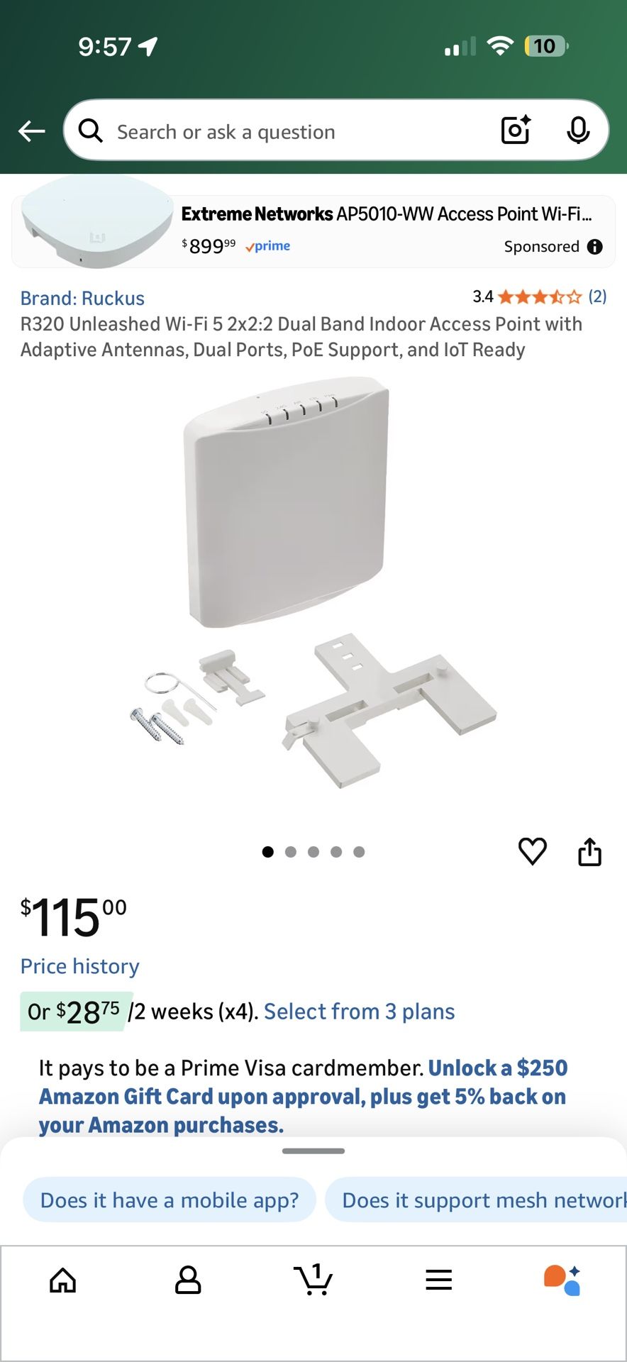 R320 Unleashed Wi-Fi 5 2x2:2 Dual Band Indoor Access Point with Adaptive Antennas, Dual Ports, PoE Support, and IoT Ready