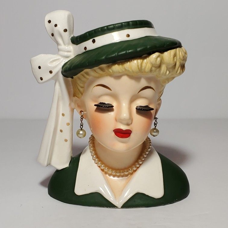 Napco Lady Head Vase Green Hat Bow