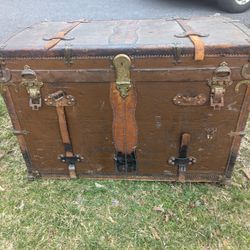 Antique Brown Leather Trunk Storage Coffee Table