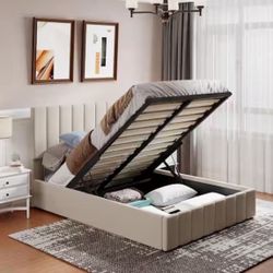 Beige Upholstered Hydraulic Storage Full Size Bed [NEW]  **Retails For $400