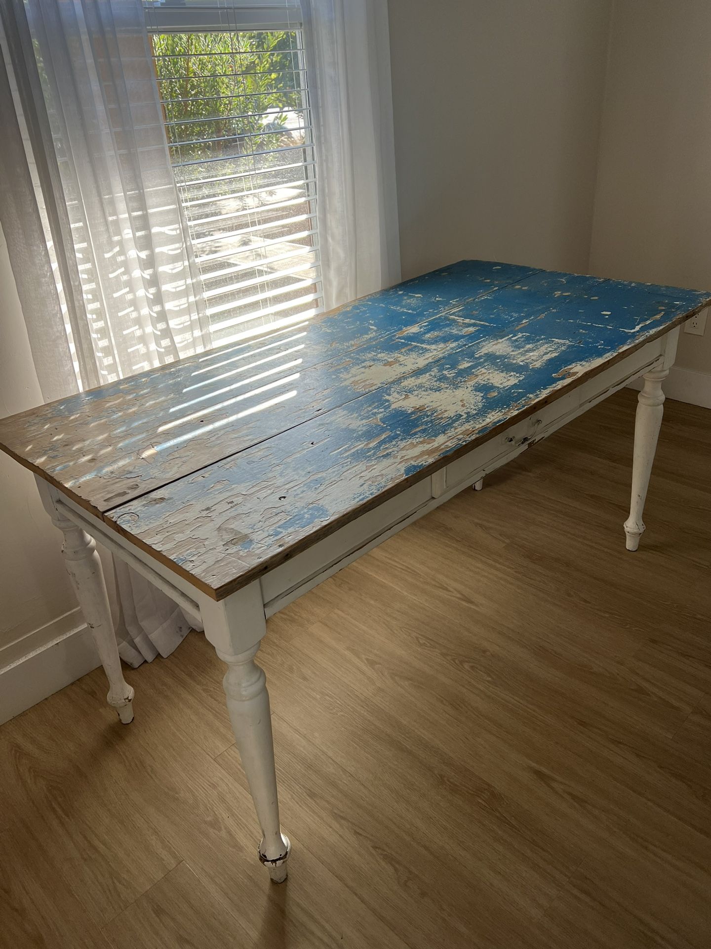Vintage 1930s Farmhouse Table Coastal Blue and White Distressed Patina
