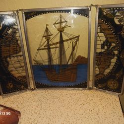 Vintage Nautical Ship Folding Glass Panel Decor – Unique Accent Piece