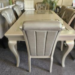 Brand New 84" x 42"x30"H Silver Champagne Dining Table + 6 Chairs