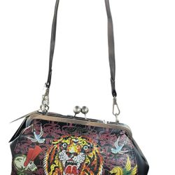 Ed Hardy Tiger Clasp Shoulder Bag W/ Rhinestone & Tattoo Graphic Design