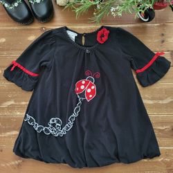 SIZE 5T BLACK THREE-QUARTER RUFFLE SLEEVE LADYBUG & FLORAL KNIT BUBBLE TUNIC