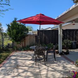 “Outdoor Patio Set – Metal Table + 3 Chairs + Umbrella”