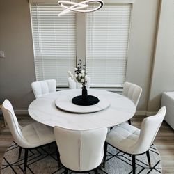 Luxury 60” Designer Sintered Stone Dining Set w/ Lazy Susan + 6 Chair