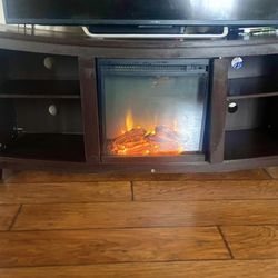 Dark Wood TV Stand with Built-In Electric Fireplace