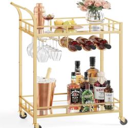 Bar Cart Gold, Home Bar Serving Cart, Wine Cart with 2 Mirrored Shelves, Wine Holders, Glass Holders, for Kitchen, Dining Room, Gold ULRC